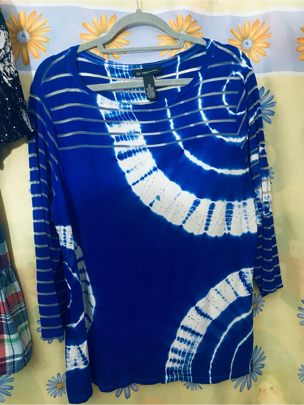 INC International Concepts Blue & White Tie-Dye blouse with Embellishments